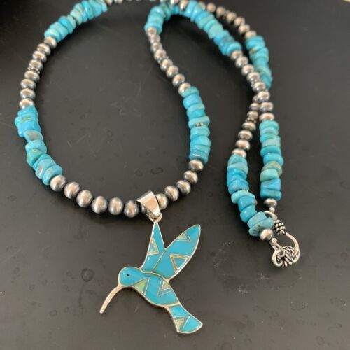 Navajo Hummingbird Inlay Pendant | Blue Turquoise & Opal | Sterling Silver | Native American Handmade | 11326