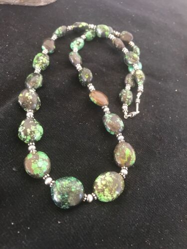 Navajo Green Spiderweb Turquoise Nugget Necklace | Sterling Silver | 22" | Authentic Native American Handmade | 3214