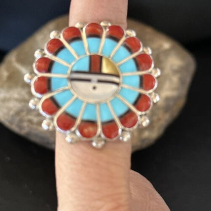 Zuni Sun Face Inlay Ring | Sterling Silver Coral Turquoise Onyx Mother of Pearl | Sz 6.5 | 14452 - Masha USA