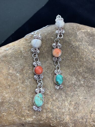 Navajo Spiny, Turquoise & Howlite Dangle Earrings | Sterling Silver | Authentic Native American Handmade | 01618