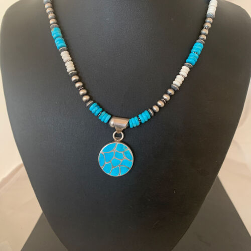Southwestern Zuni Turquoise Necklace | Sterling Silver Inlay Pendant | Authentic Native American Handmade | 2089