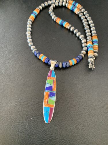 Navajo Sterling Silver Turquoise & Spiny Oyster Inlay Multicolor Necklace Pendant | Authentic Native American Handmade | 11638