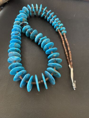 Authentic Native American Kingman Turquoise & Shell Necklace | Sterling Silver | 33" | Navajo Graduated | 12159