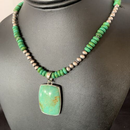 Navajo Green Turquoise Pendant Necklace | Sterling Silver Beads | Authentic Native American Handmade | 13304