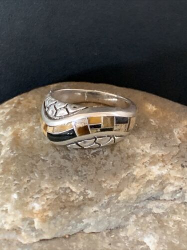 Navajo Black Onyx Coffee Tigers Eye Inlay Ring | Sterling Silver | Sz 7 | 10793
