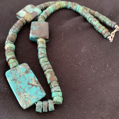 Native American Rustic Turquoise Nugget Heishi Bead Necklace | Sterling Silver | 22" | 1399