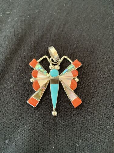 Zuni Turquoise Coral Mother of Pearl Butterfly Necklace Pin Pendant | Inlay | Sterling Silver Inlay | 1369