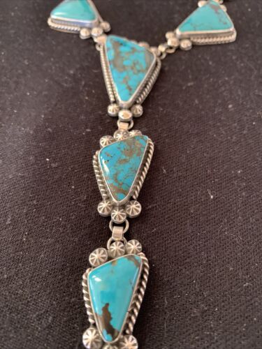 Navajo Lariat Necklace | Spiderweb Turquoise Pendant | Sterling Silver Navajo Pearls | 1187