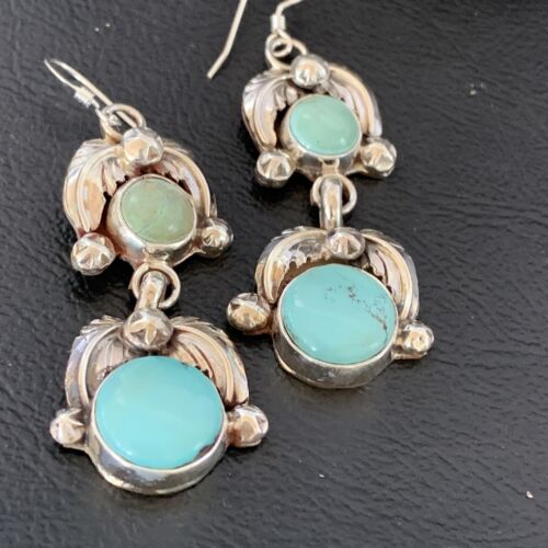 Navajo Blue Green Dry Creek Turquoise Dangle Earrings | Sterling Silver | Authentic Native American Handmade | 1485