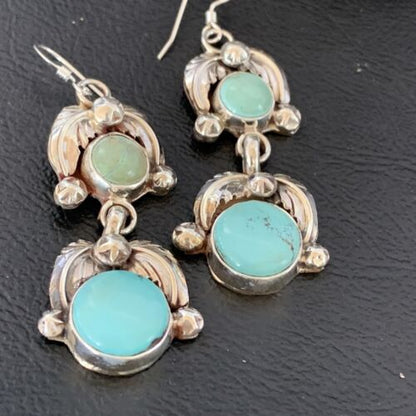 Navajo Blue Green Dry Creek Turquoise Dangle Earrings | Sterling Silver | Authentic Native American Handmade | 1485
