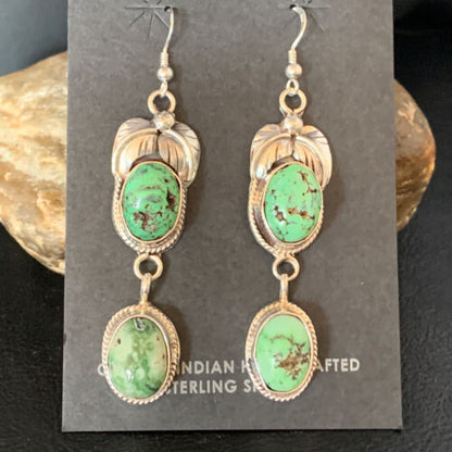Navajo Green Spiderweb Turquoise Dangle Earrings | Sterling Silver | Authentic Native American Handmade | 13544