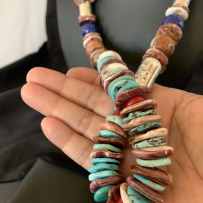 Native American Sterling Silver Necklace | Turquoise, Spiny Oyster, Coral, Lapis | 24" | 11869