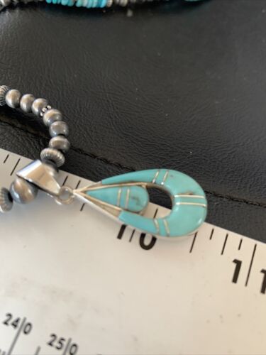 Navajo Pearl Necklace with Blue Turquoise Inlay Pendant | Sterling Silver | Authentic Native American Handmade | 12501