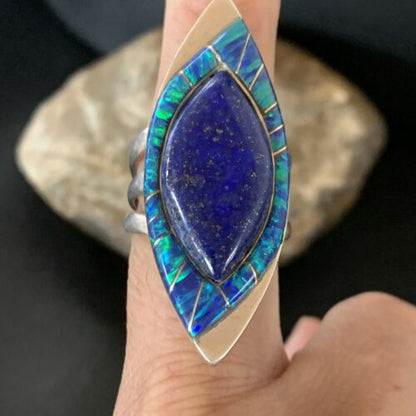 Southwestern Blue Lapis Opal Inlay Ring | Navajo Sterling Silver | Sz 10 | Authentic Native American Handmade | 12846