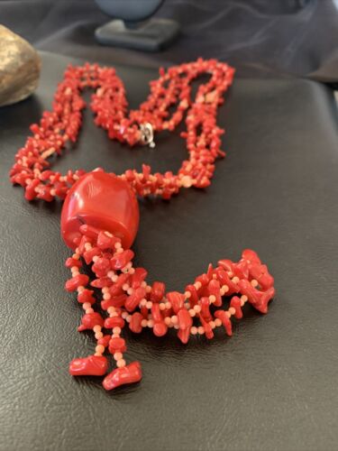 Navajo Red Pink Coral Pendant Necklace | Stainless Steel | 30" | Authentic Native American Handmade | 11711