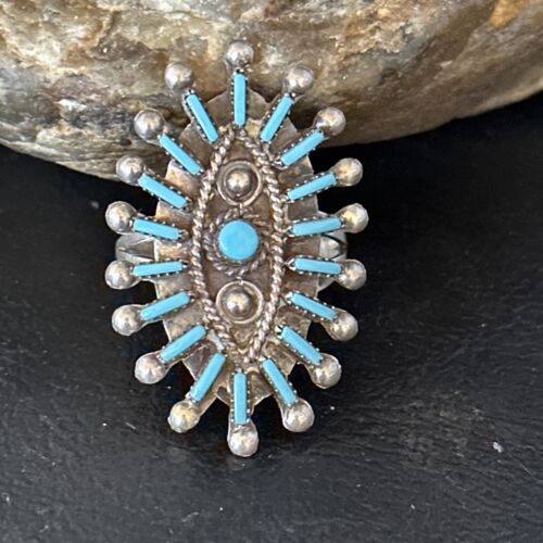 Zuni Blue Turquoise Cluster Needle Point Ring | Authentic Native American Sterling Silver | Multi-Stone | Sz 9 | 14568