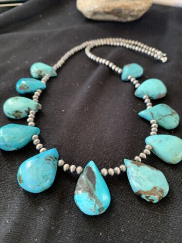 Native American Navajo Pearls Necklace | Sterling Silver Blue Turquoise Teardrop | Authentic Handmade | 942
