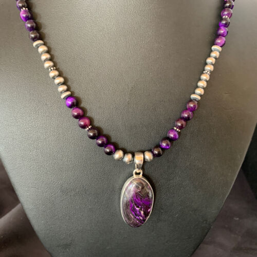 Navajo Pearls Purple Sugilite Onyx Necklace Pendant | Sterling Silver | Authentic Native American Handmade | 13392