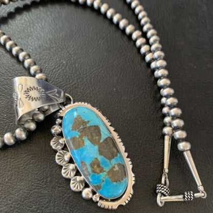 Navajo Pearls Necklace with Blue Kingman Turquoise Pendant | Sterling Silver | Authentic Native American Handmade | 10766