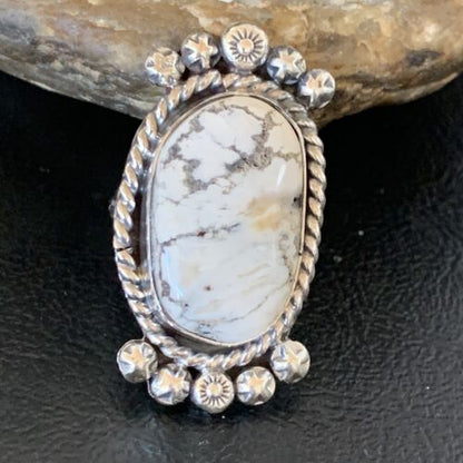 Navajo White Buffalo Turquoise Ring | Sterling Silver | Sz 8.5 | Authentic Native American Handmade | 13348