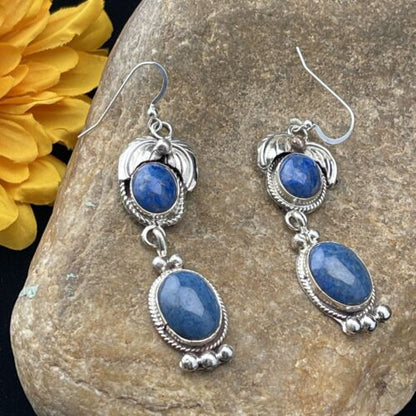 Navajo Denim Lapis Dangle Earrings | Sterling Silver | 2" | Authentic Native American Handmade | 01794