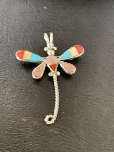 Zuni Turquoise Pink Mother of Pearl Inlay Dragonfly Necklace Pin Pendant | Sterling Silver | 12325