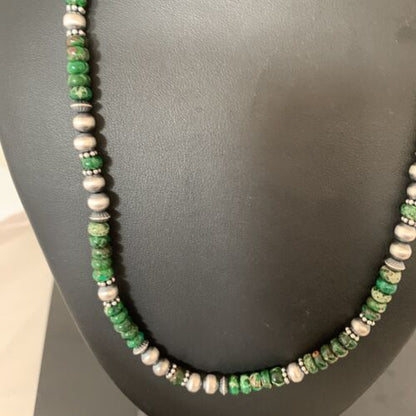 Navajo Green Turquoise Bead Necklace | Sterling Silver | 22" | Authentic Native American Handmade | 02040