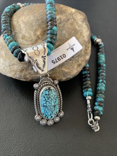 Men's Navajo Spiderweb Kingman Turquoise Pendant Necklace | Sterling Silver | Native American Handmade | 01975