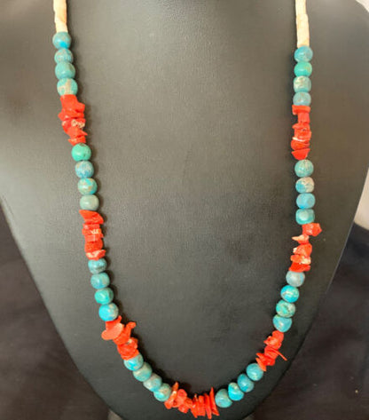 Southwestern Santo Domingo Red Coral Blue Turquoise Necklace | 28" | Authentic Native American Handmade | 12681