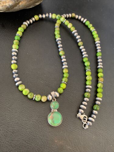 Navajo Green Gaspeite Turquoise Pendant | Sterling Silver | Authentic Native American Handmade | 12267