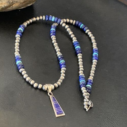 Men's Navajo Pearl Blue Lapis Turquoise Inlay Pendant Necklace | Sterling Silver | 21" | 12610