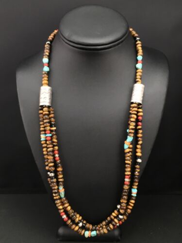 Navajo Multi-Color 3 Strand Necklace | Tiger's Eye & Turquoise | Sterling Silver | 4896