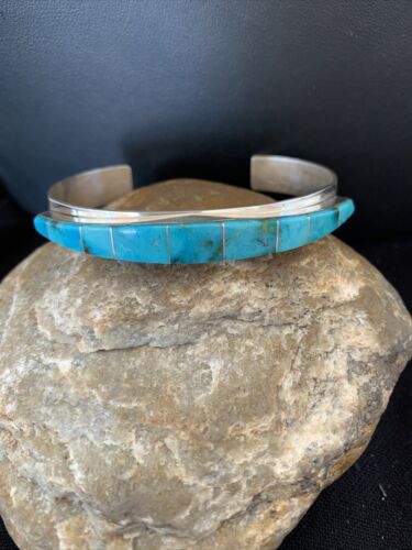 Native American Navajo Blue Turquoise Inlay Bracelet | Sterling Silver | Authentic Handmade | 00986