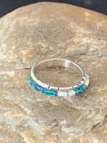 Navajo White Blue Opal Inlay Ring | Sterling Silver | Sz 8.5 | Authentic Native American Handmade | Yazzie | 10620