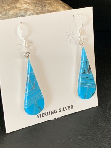 Navajo Sterling Silver Blue Turquoise Inlay Dangle Drop Earrings | 1.5" | Authentic Native American Handmade | 12311