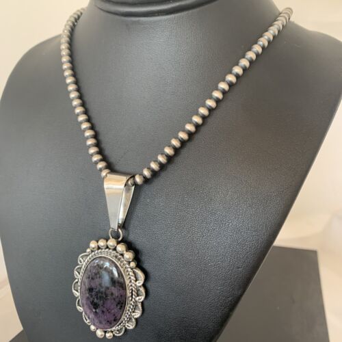 Men's Navajo Pearls Necklace | Sterling Silver Purple Sugilite Pendant | Authentic Native American | 1535