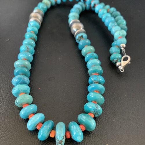 Navajo Natural Turquoise and Spiny Oyster Necklace | Sterling Silver | 25" | Authentic Native American Handmade | 13235