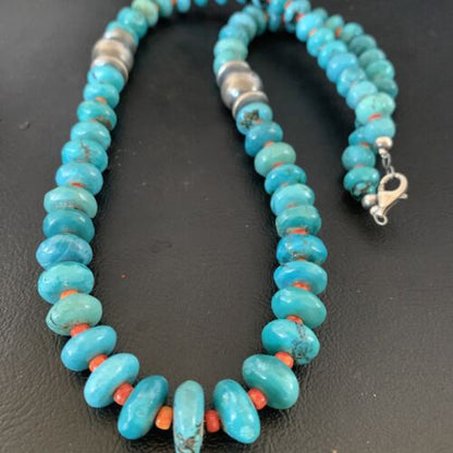 Navajo Natural Turquoise and Spiny Oyster Necklace | Sterling Silver | 25" | Authentic Native American Handmade | 13235