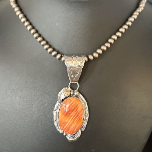 Navajo Orange Spiny Oyster Necklace Pendant | Sterling Silver | Authentic Native American Handmade | 14680