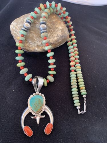 Navajo Royston Turquoise Coral Naja Pendant Necklace | Authentic Native American Sterling Silver | Naja | 1402
