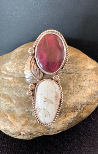 Navajo White Buffalo Turquoise & Spiny Oyster Multi-Stone Ring | Authentic Native American Sterling Silver | Sz 9 | 308