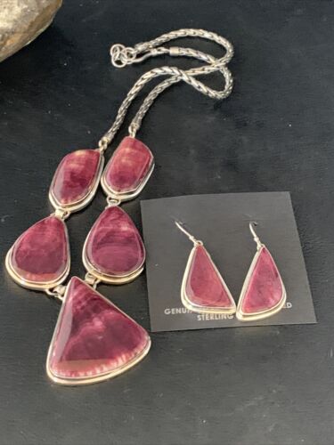 Navajo Purple Spiny Oyster Necklace Choker Earrings Set | Sterling Silver Pendant | 20" | Authentic Native American Handmade | 13792