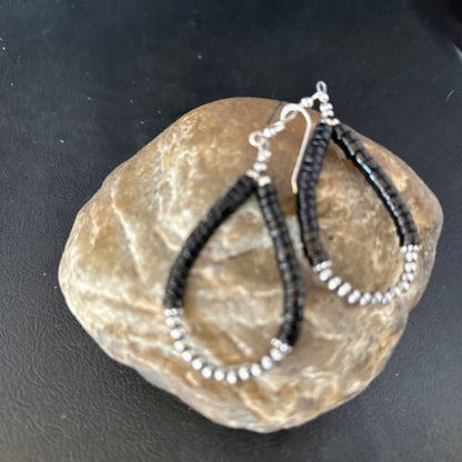 Native American Black Onyx Dangle Earrings | Sterling Silver Heishi Bead | 2" | 14427 - Masha USA