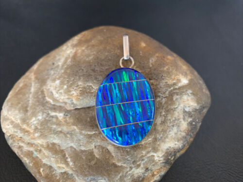 Navajo Sterling Silver Peacock Blue Opal Inlay Pendant | Men's Women's | Authentic Native American | 13141