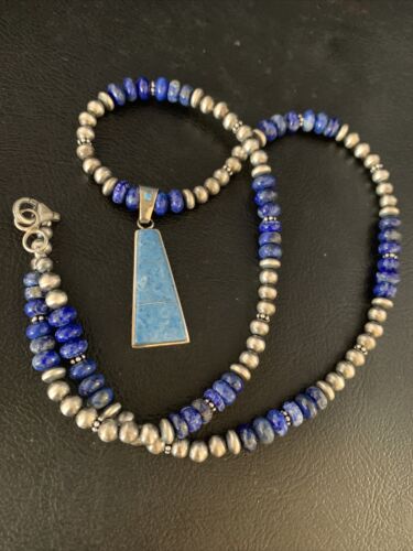 Navajo Blue Denim Lapis Necklace with Inlay Pendant | Sterling Silver | Authentic Native American Handmade | 13490