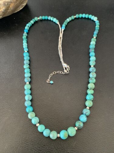 Navajo Women's | Natural Blue Turquoise Bead Necklace | Sterling Silver | 25" | Authentic Native American Handmade | 11664