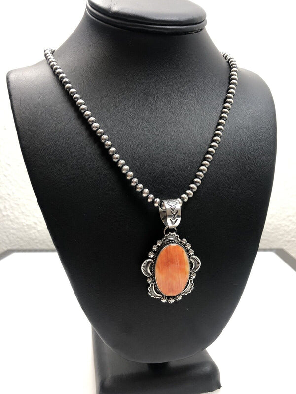 Navajo Pearls Necklace with Orange Spiny Oyster Pendant | Sterling Silver | Authentic Native American Handmade | 11300