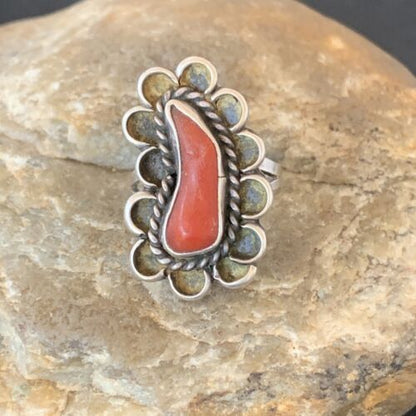 Native American Old Pawn Navajo Red Coral Ring | Sterling Silver | Sz 6 | 10369