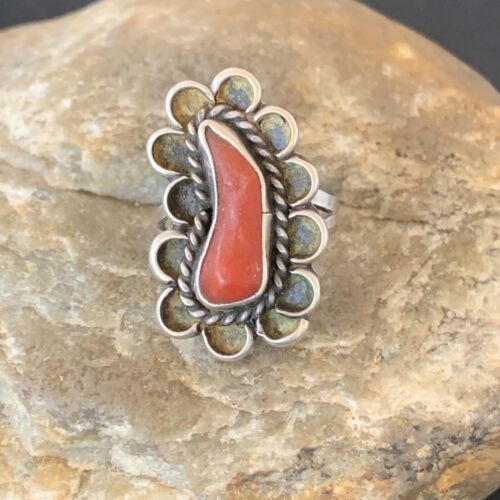 Native American Old Pawn Navajo Red Coral Ring | Sterling Silver | Sz 6 | 10369