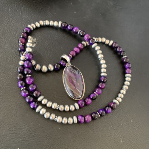 Navajo Pearls Purple Sugilite Onyx Necklace Pendant | Sterling Silver | Authentic Native American Handmade | 13392
